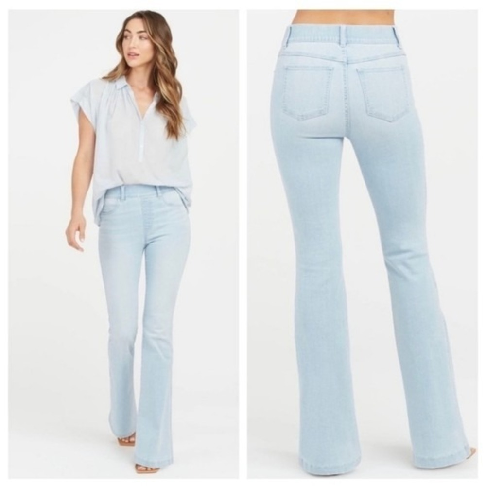 SPANX Retro Light Blue Wash Stretch Flare Jeans Women Large Gut Check Shaping